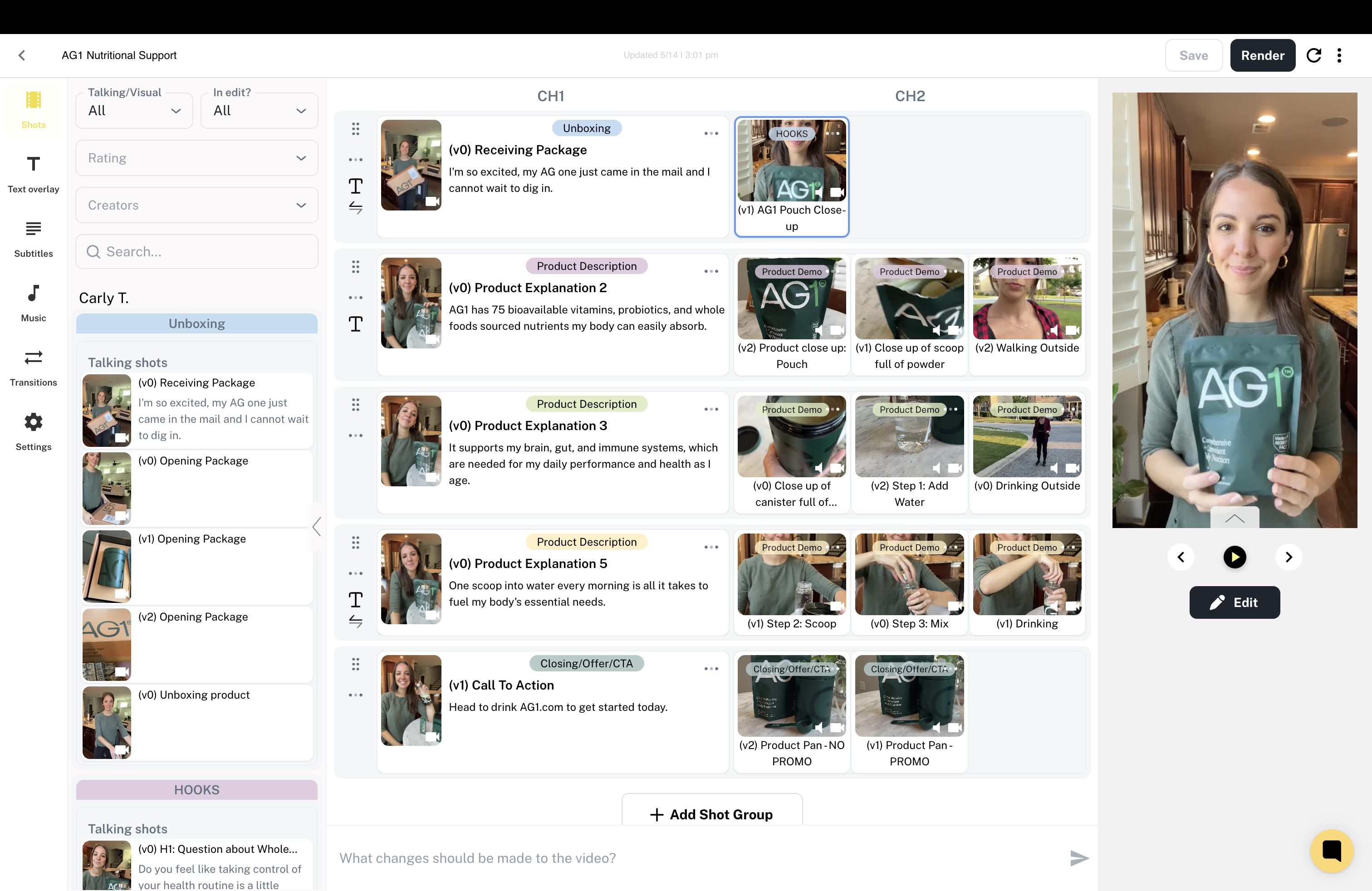 BeeRoll AI video editor interface showing comprehensive video editing workspace with storyboard, clips, and preview