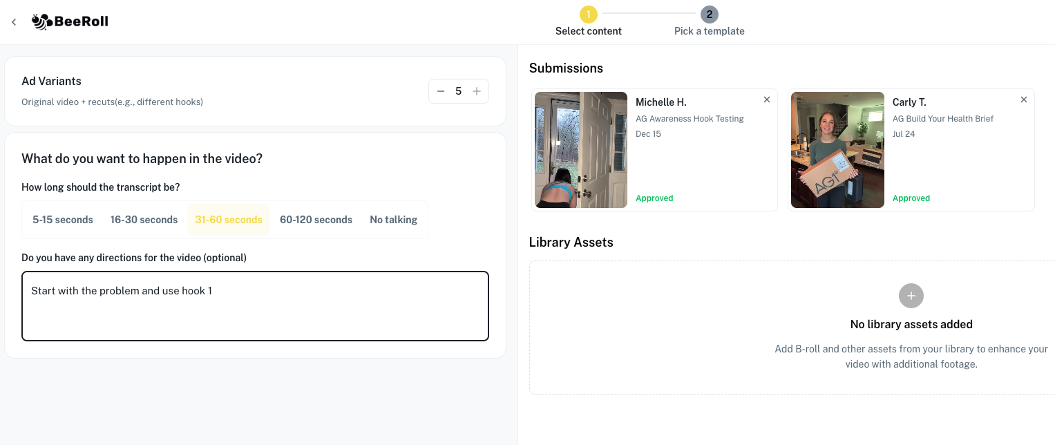 BeeRoll AI editor interface showing script input and video duration options