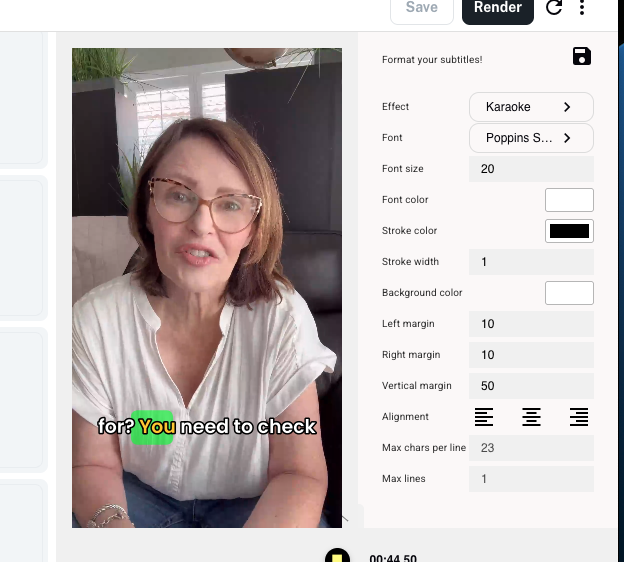 Subtitle editor showing karaoke effect and formatting options
