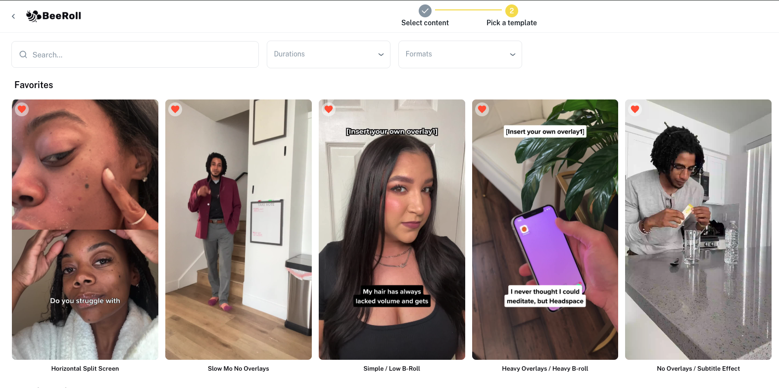 Template selection showing various video styles like split screen, overlays, and subtitle effects