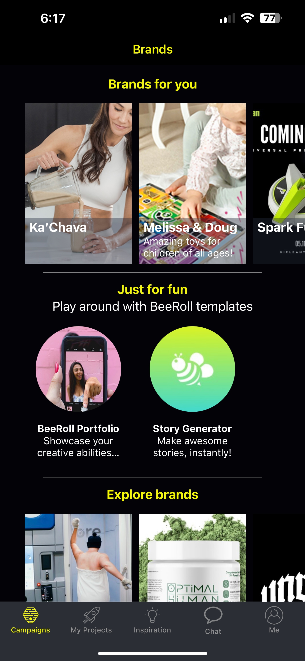 BeeRoll app interface showing brand opportunities