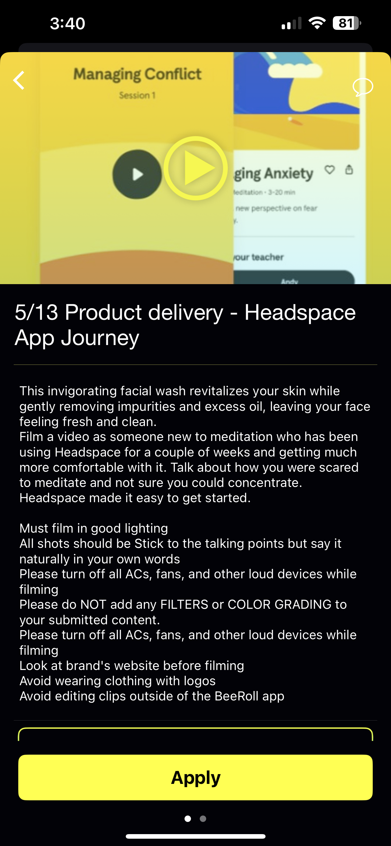 BeeRoll app showing detailed campaign brief for Headspace with clear instructions and apply button