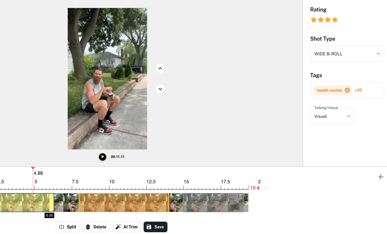 Detailed clip viewer showing rating system, shot type categorization, custom tags like 'health routine', and timeline scrubber for precise clip management
