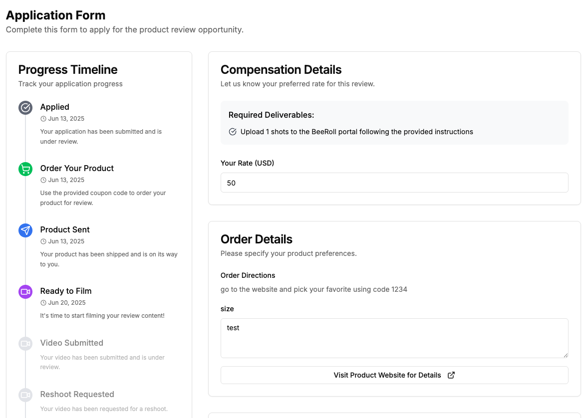 Application form showing progress timeline from applied to video submitted with compensation and order details