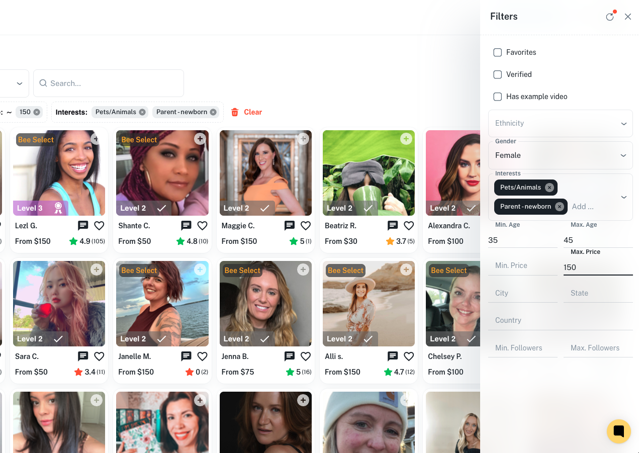 Advanced filtering interface with options for demographics, interests, pricing, and location