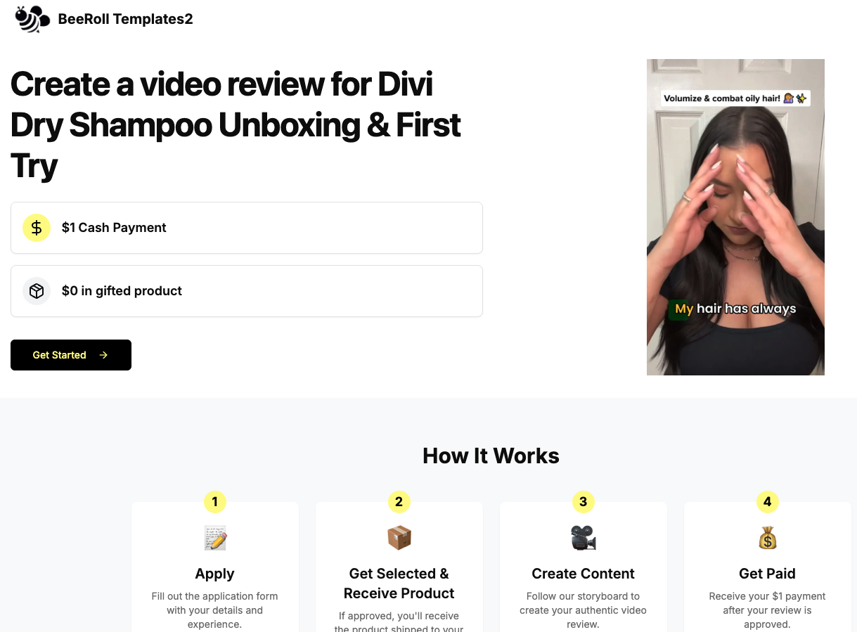 Creator landing page for Divi Dry Shampoo campaign showing payment details, example video, and application process