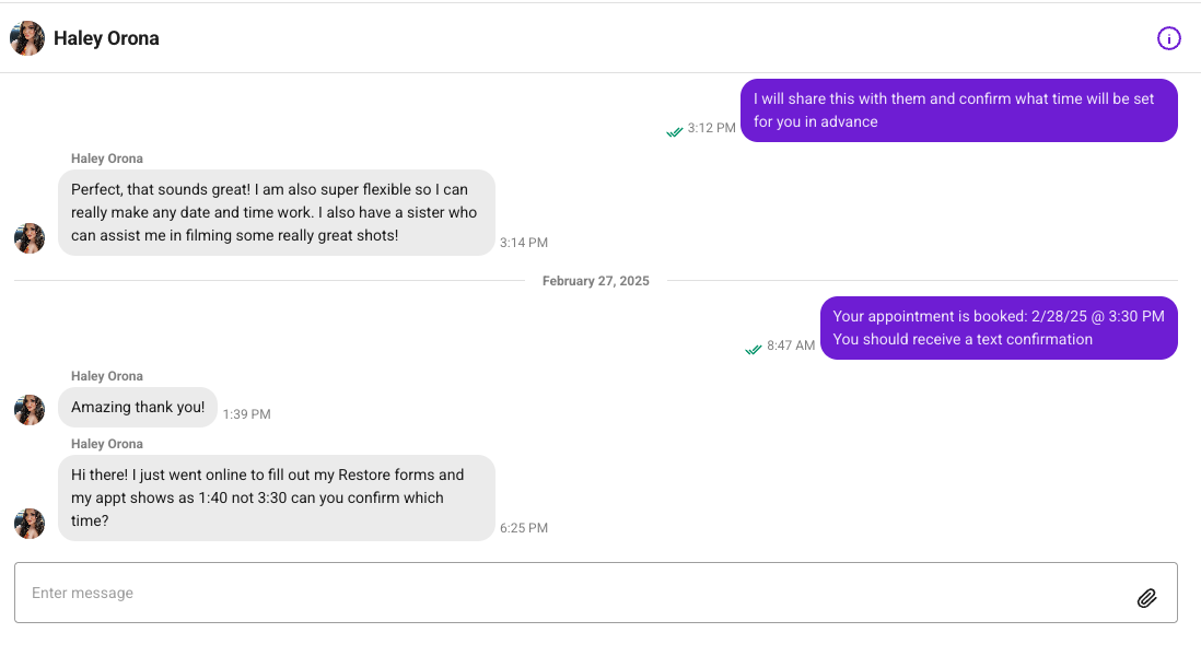 Direct messaging interface showing conversation between brand and creator Haley Orona about scheduling and project coordination
