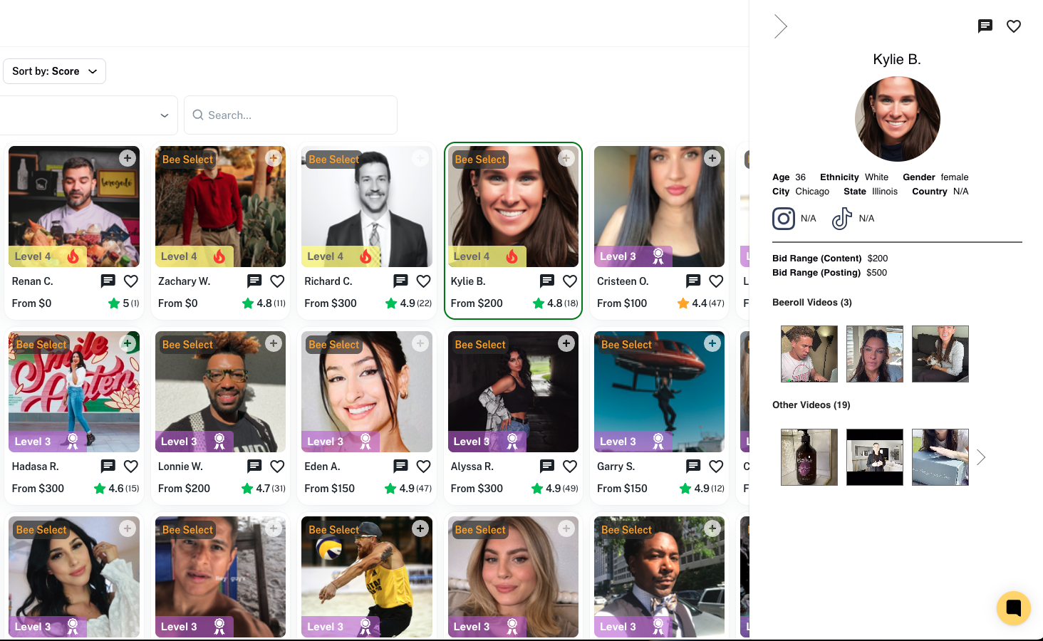 BeeRoll creator marketplace showing diverse creators with ratings, pricing, and Bee Select badges