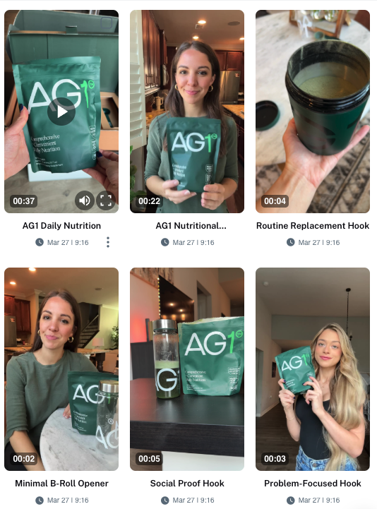 AI-generated video variations showing multiple ad formats and styles