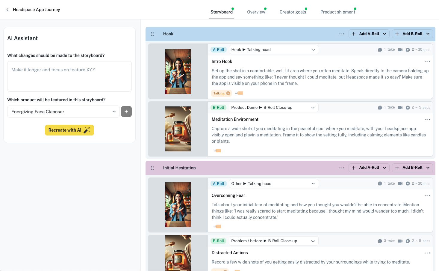 AI storyboard editor interface with assistant panel and detailed shot breakdown showing Hook and Initial Hesitation sections
