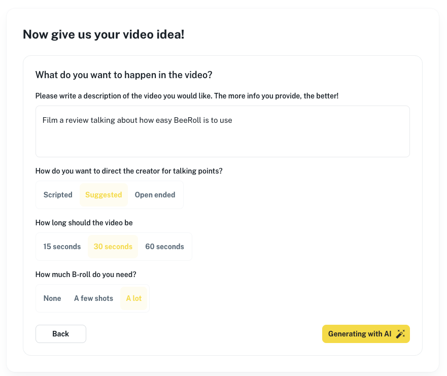 AI storyboard generation form with fields for video description, directing style, duration, and B-roll requirements
